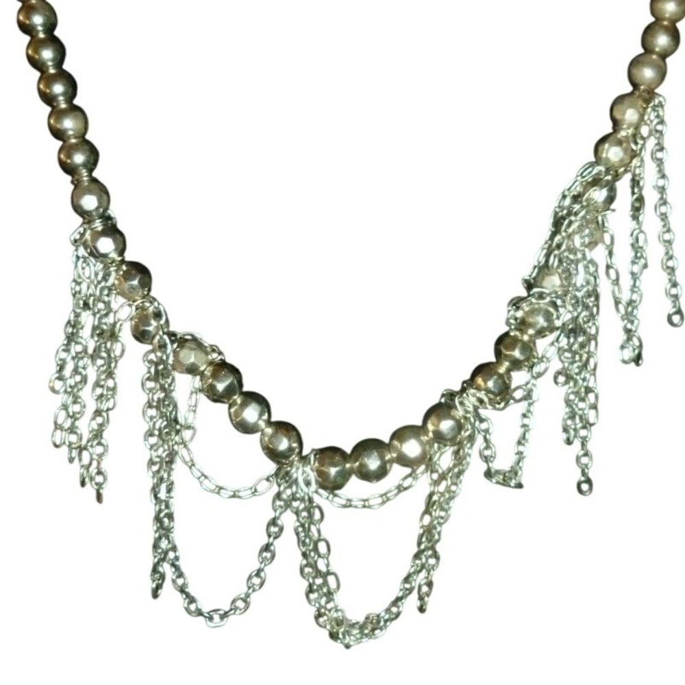 Silver Tone Beaded Statement Necklace with Multi Chain Fringe Draping Boho Edgy
